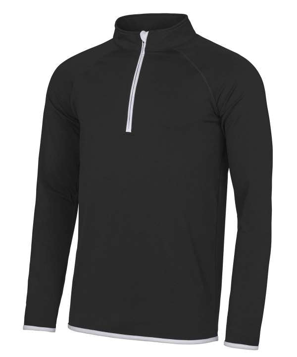 Jet black and white long sleeve quarter-zip pullover, minimal athletic design