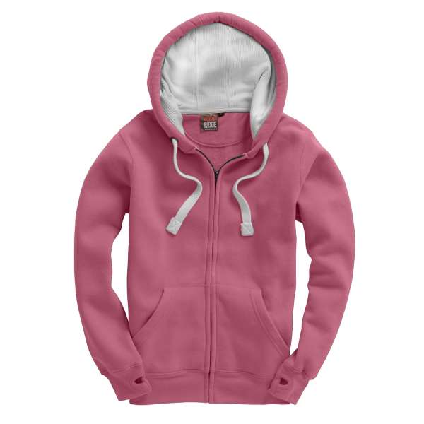 Women's soft mulberry zip-up hoodie with drawstrings and front pockets on white background