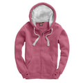 Women's soft mulberry zip-up hoodie with drawstrings and front pockets on white background