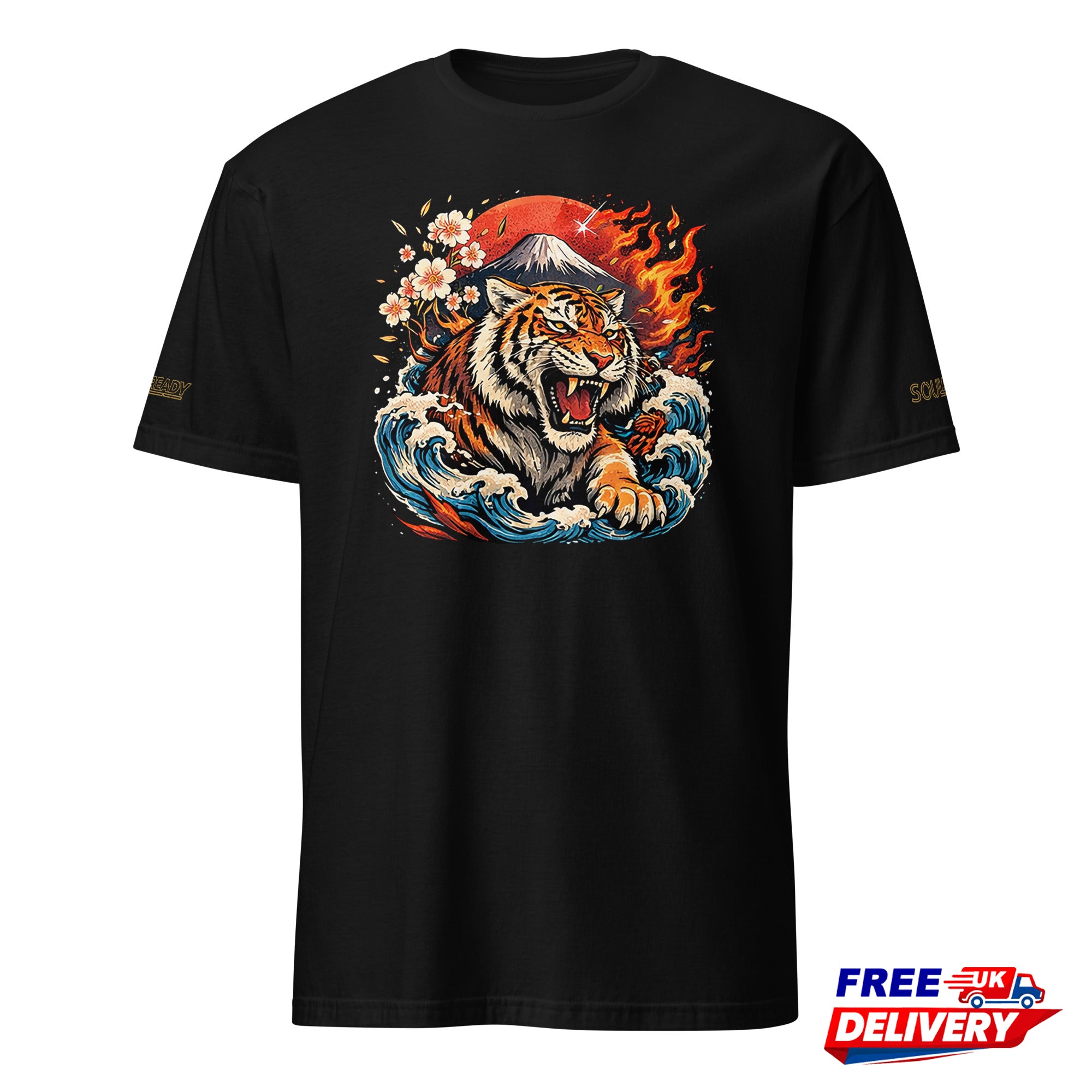 Black t-shirt featuring roaring tiger, waves, cherry blossoms, Mount Fuji, fire graphic print