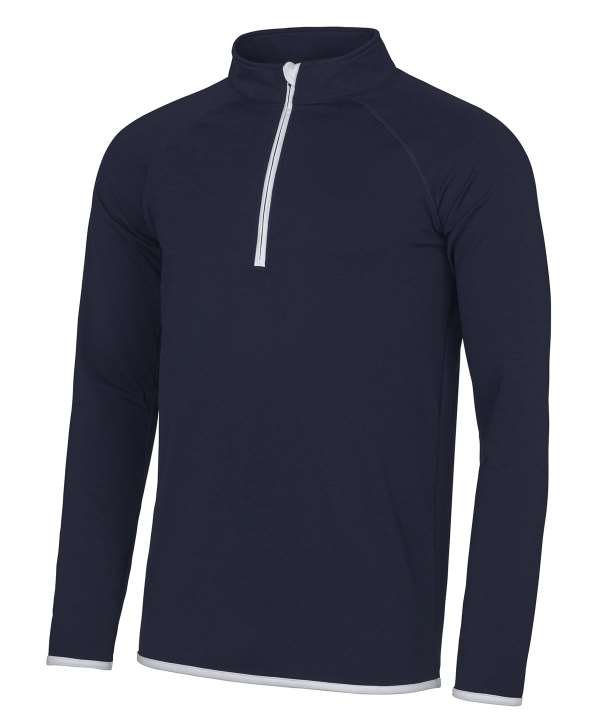 Men's French navy long sleeve quarter zip pullover with white trim accents