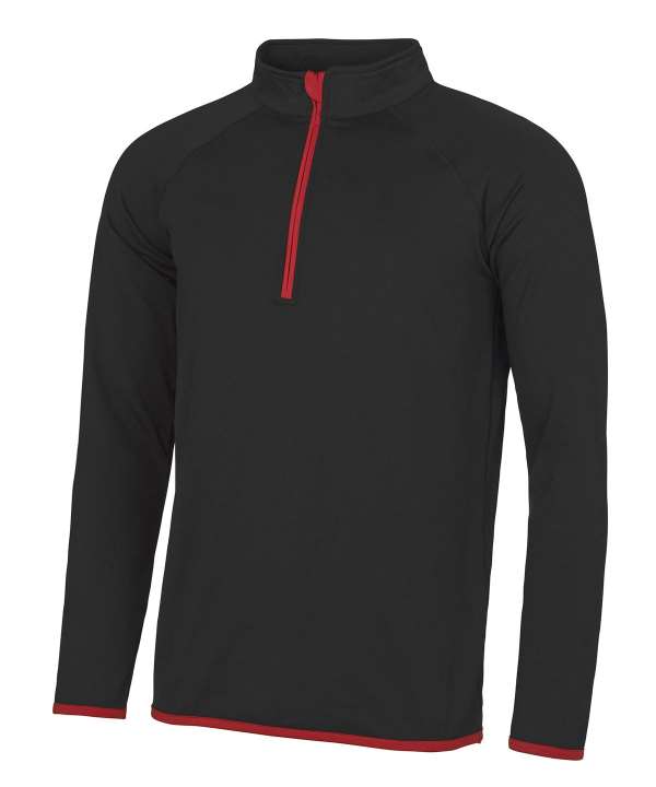 Men's black quarter-zip pullover with red zipper and red trim, long sleeves