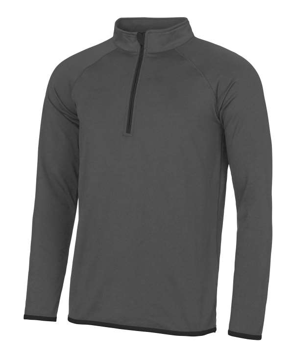 Men's charcoal long sleeve pullover with quarter zip and mock neck, athletic fit