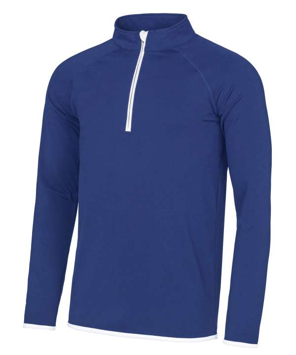 Royal blue long sleeve quarter-zip pullover with white trim, athletic casual top
