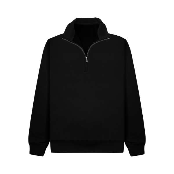 Black quarter zip pullover sweatshirt with high collar and long sleeves on white background