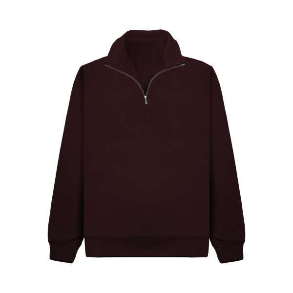 Maroon quarter-zip pullover sweatshirt with stand collar and long sleeves