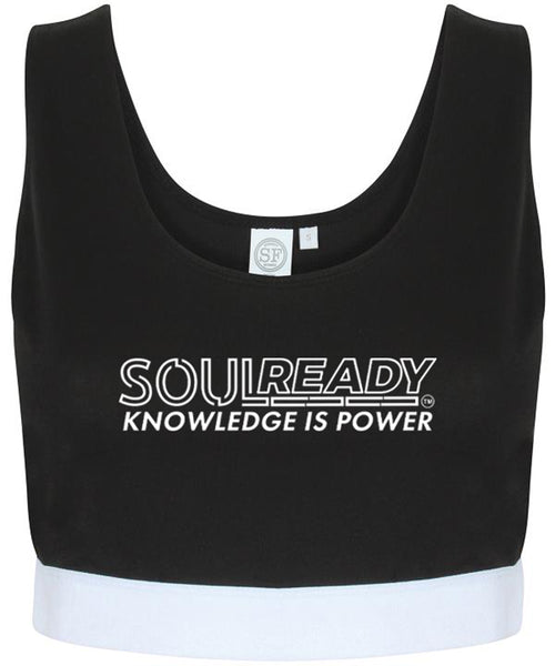 Black and white crop top with 'SOULREADY KNOWLEDGE IS POWER' text on front