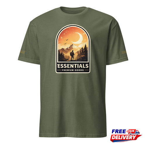Olive green t-shirt with 'ESSENTIALS Premium Goods' hiker graphic, mountains and moon