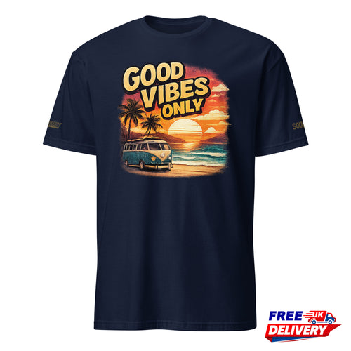 Navy graphic t-shirt with 'Good Vibes Only' text, sunset, palm trees, and van illustration.