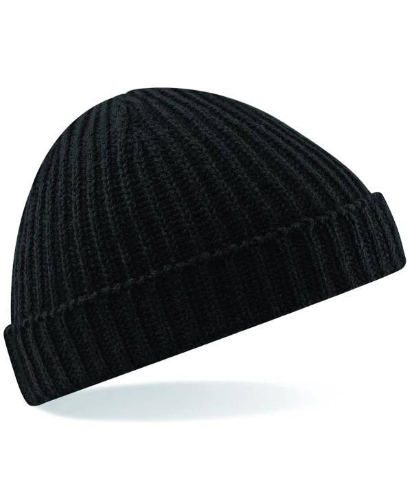 Black ribbed knit beanie with folded cuff on white background