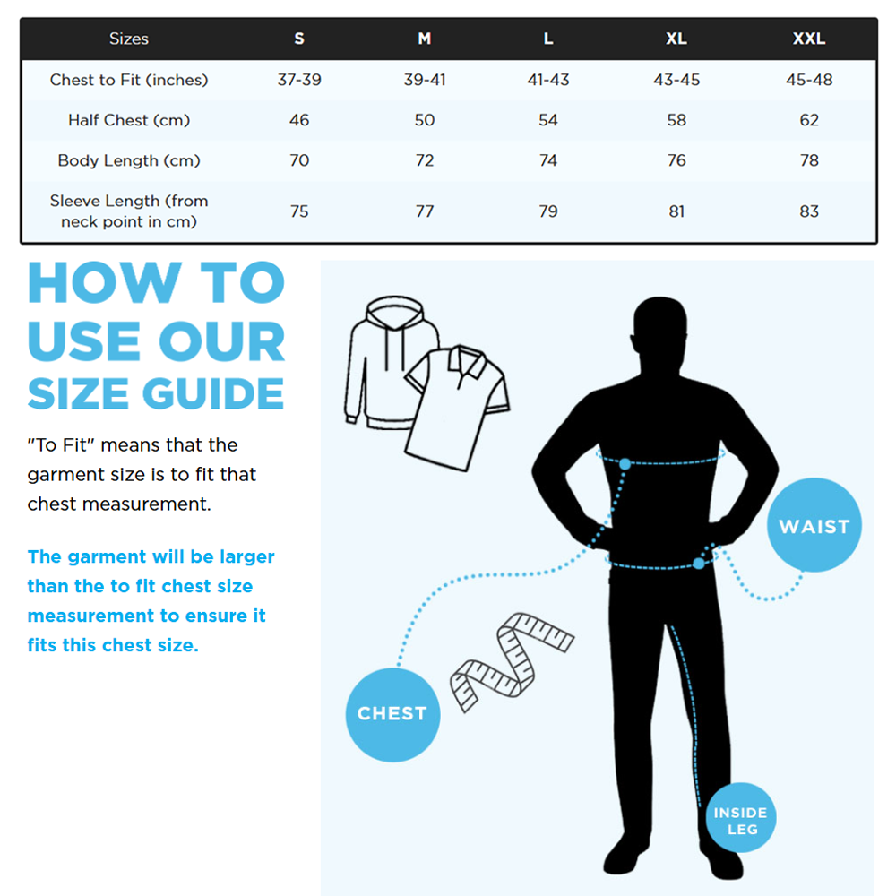 Cool Half Zip size chart with chest, waist, body, and sleeve measurements, plus sizing guide illustration.
