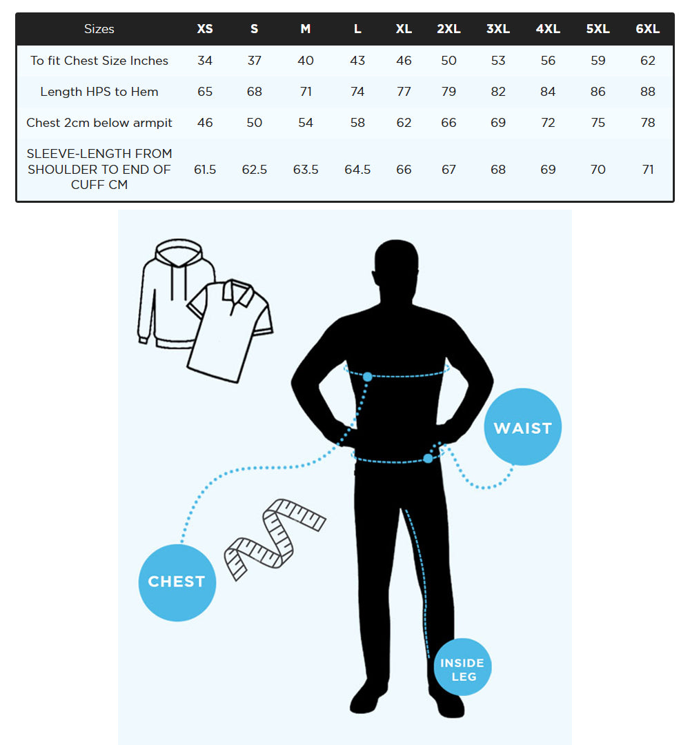 Half zip sweater size chart with chest, sleeve, and length measurements, plus measurement guide illustration.