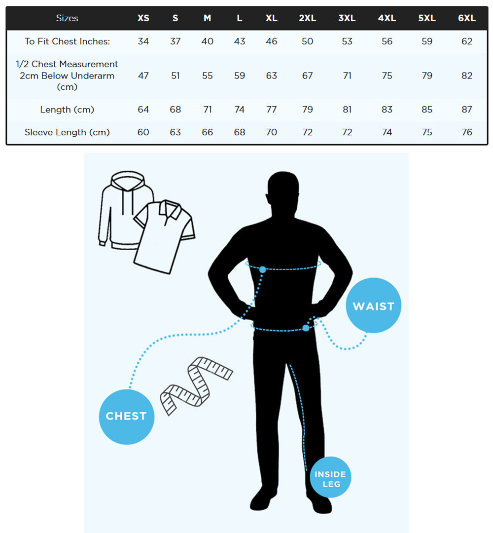 Hoodie size chart with chest, length, and sleeve measurements plus sizing guide diagram.