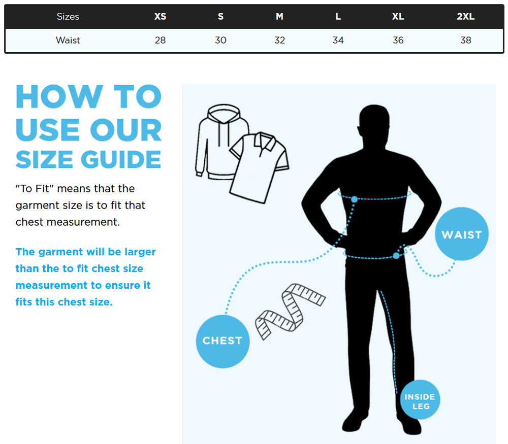 Joggers size chart with waist measurements, guide for chest and inside leg, and measurement illustration.