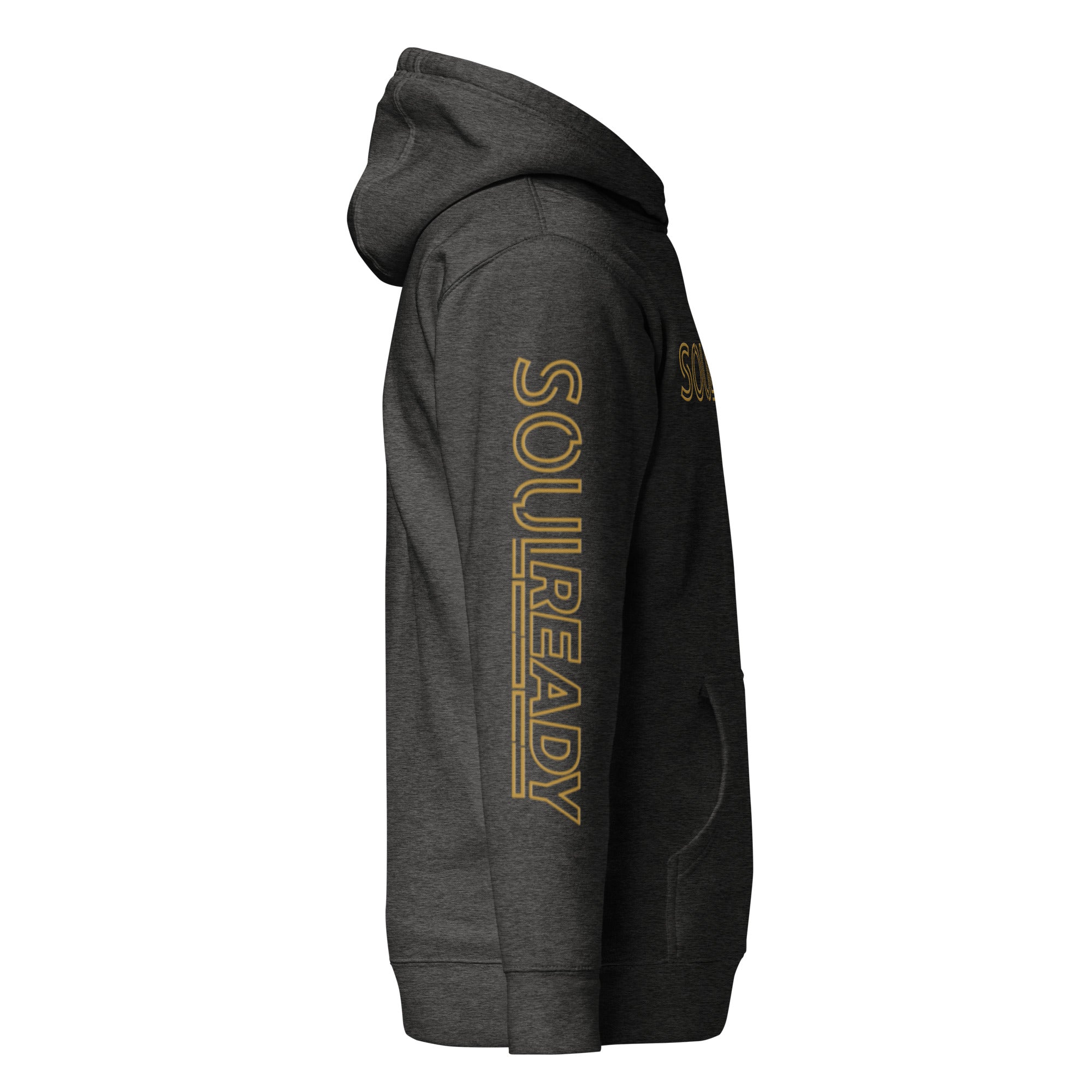 Charcoal heather unisex hoodie with gold SOULREADY text on sleeve, right side view