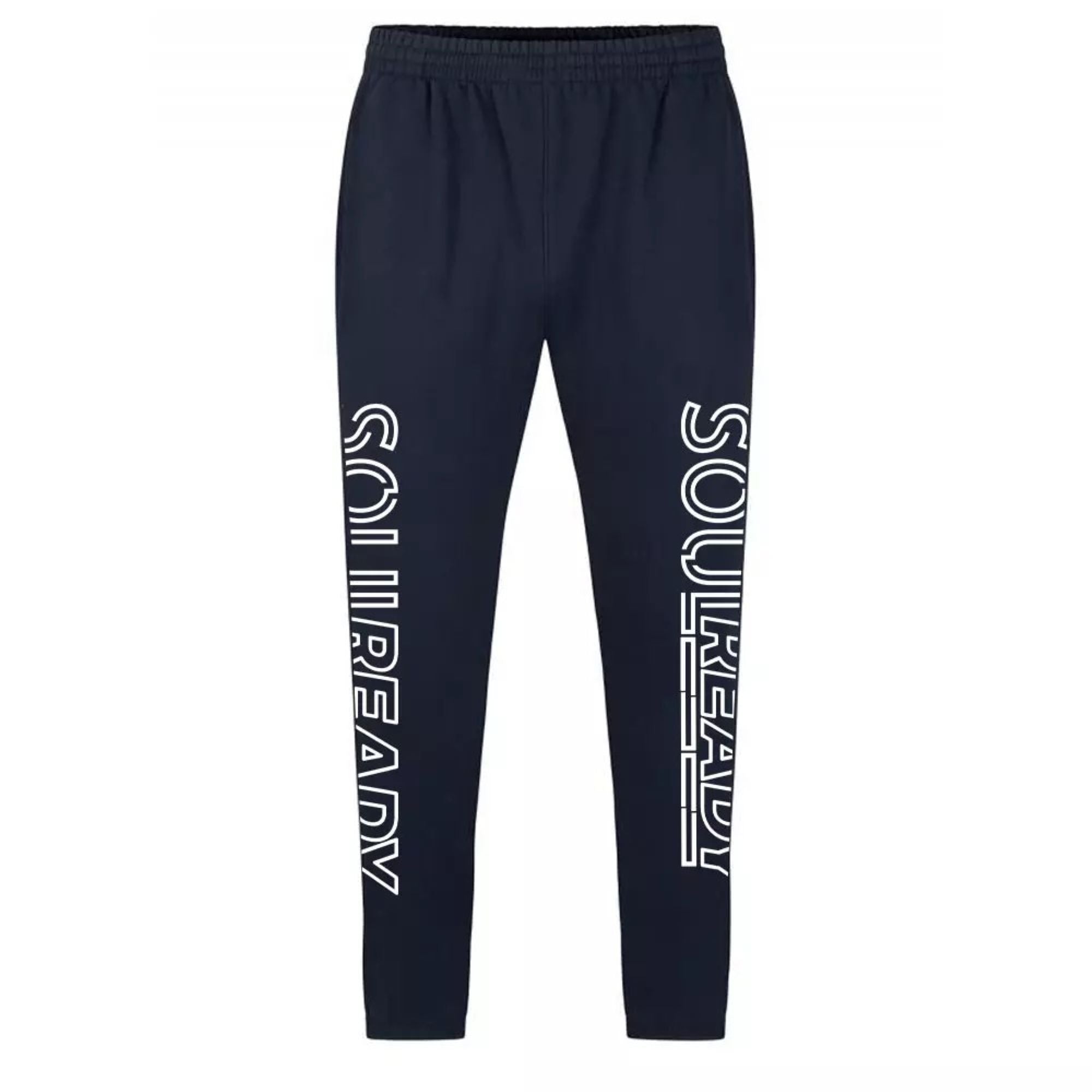 Navy jogger pants with bold 'SOULREADY' text on both legs, elastic waistband, streetwear style