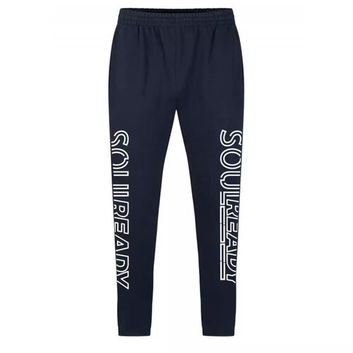 Navy jogger pants with bold 'SOULREADY' text on both legs, elastic waistband, streetwear style