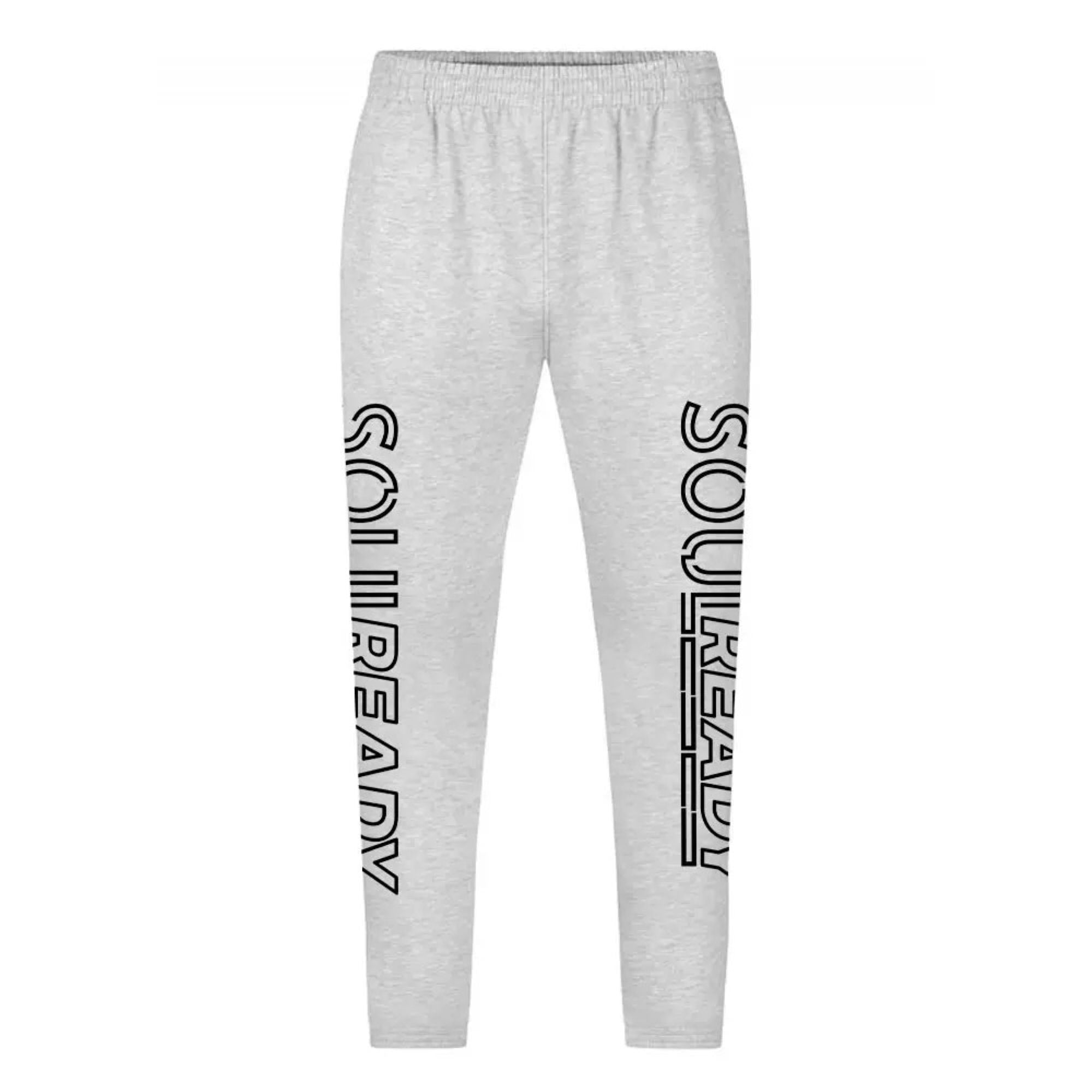 Light grey jogger pants with bold black SoulReady text graphics on each leg, elastic waistband