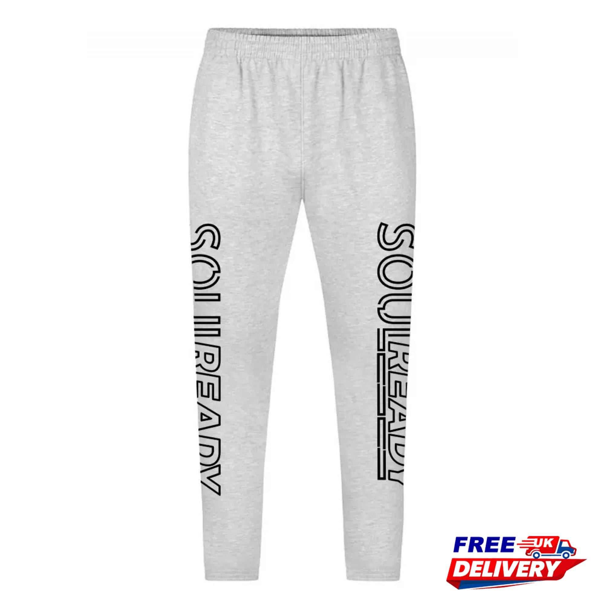 Light grey jog pants with bold black side lettering, elastic waistband, free UK delivery badge