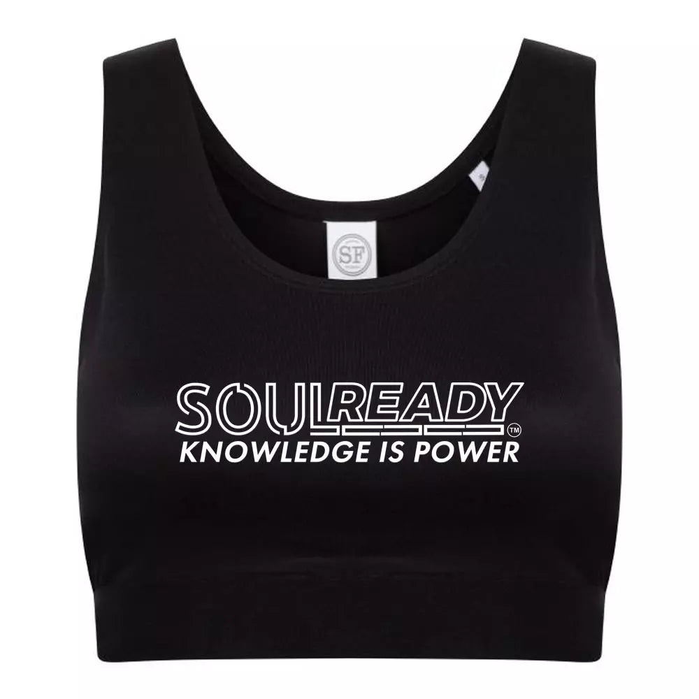 Black crop top with bold 'SOULREADY KNOWLEDGE IS POWER' text in white lettering.