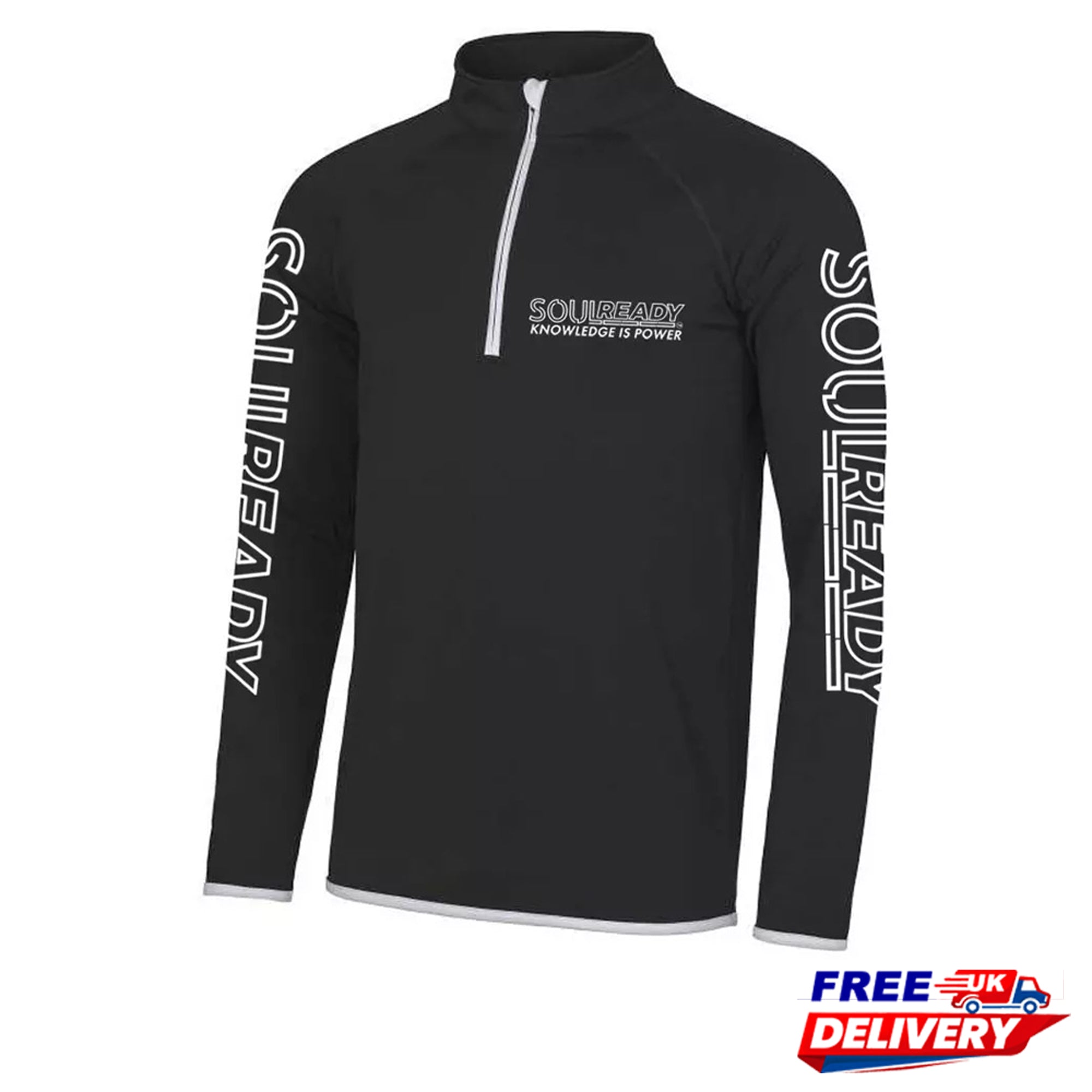 Black quarter-zip long sleeve top with SOULREADY print and 'KNOWLEDGE IS POWER' text.