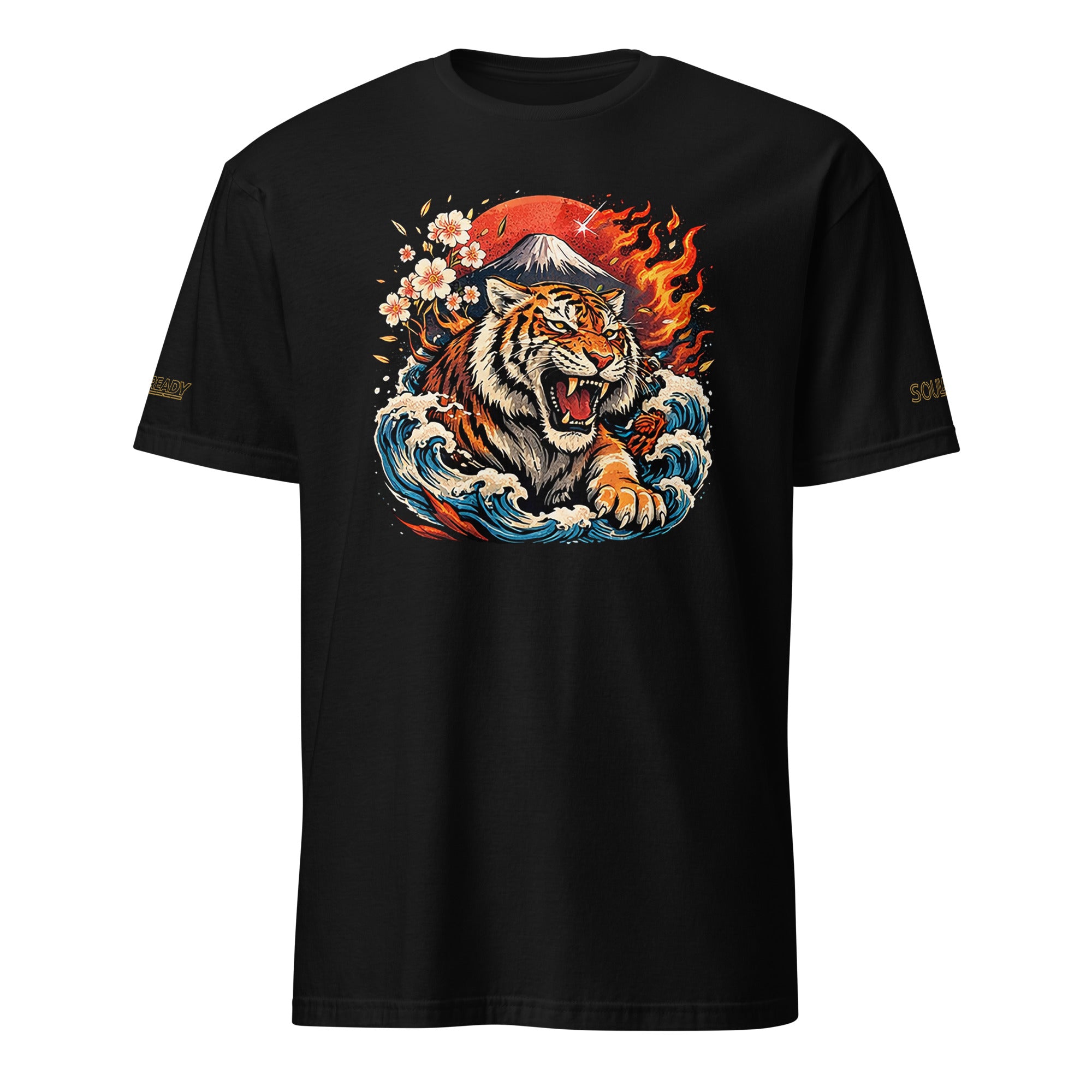 Black unisex t-shirt featuring a roaring tiger, waves, cherry blossoms, and fiery sun design