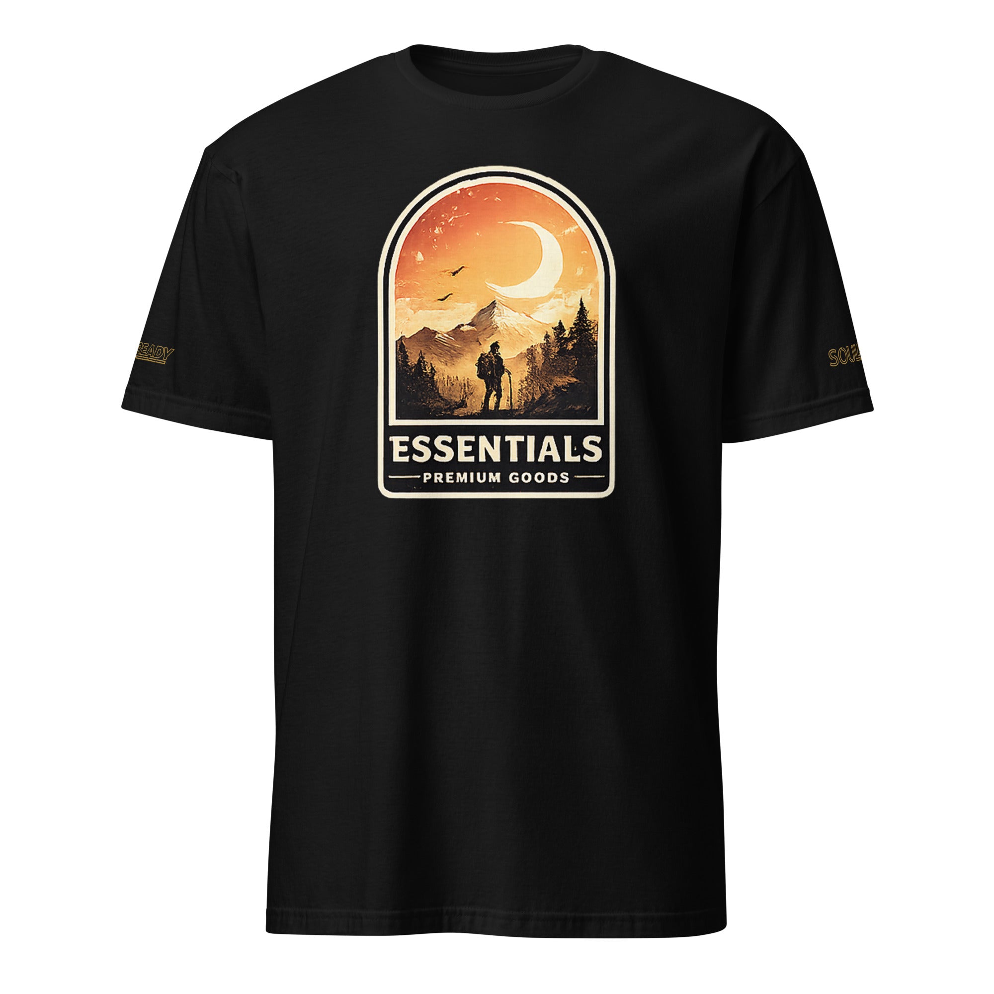 Black unisex t-shirt with ESSENTIALS graphic, hiker silhouette, sunset mountain scene