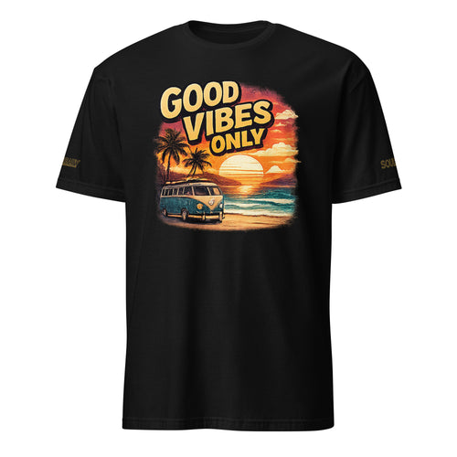 Black unisex t-shirt with 'Good Vibes Only' text, sunset, palm trees, and van graphic