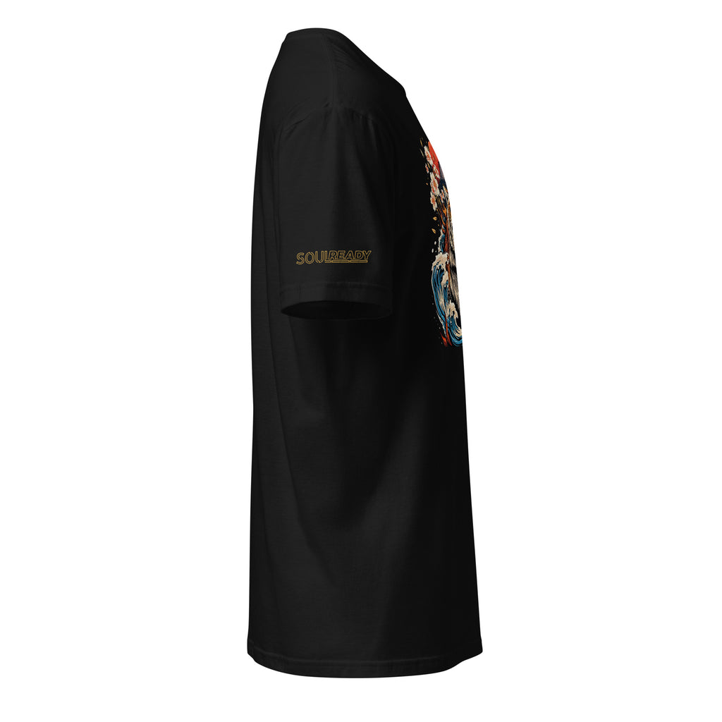 Black unisex t-shirt with bold graphic and gold text on the right sleeve, side view