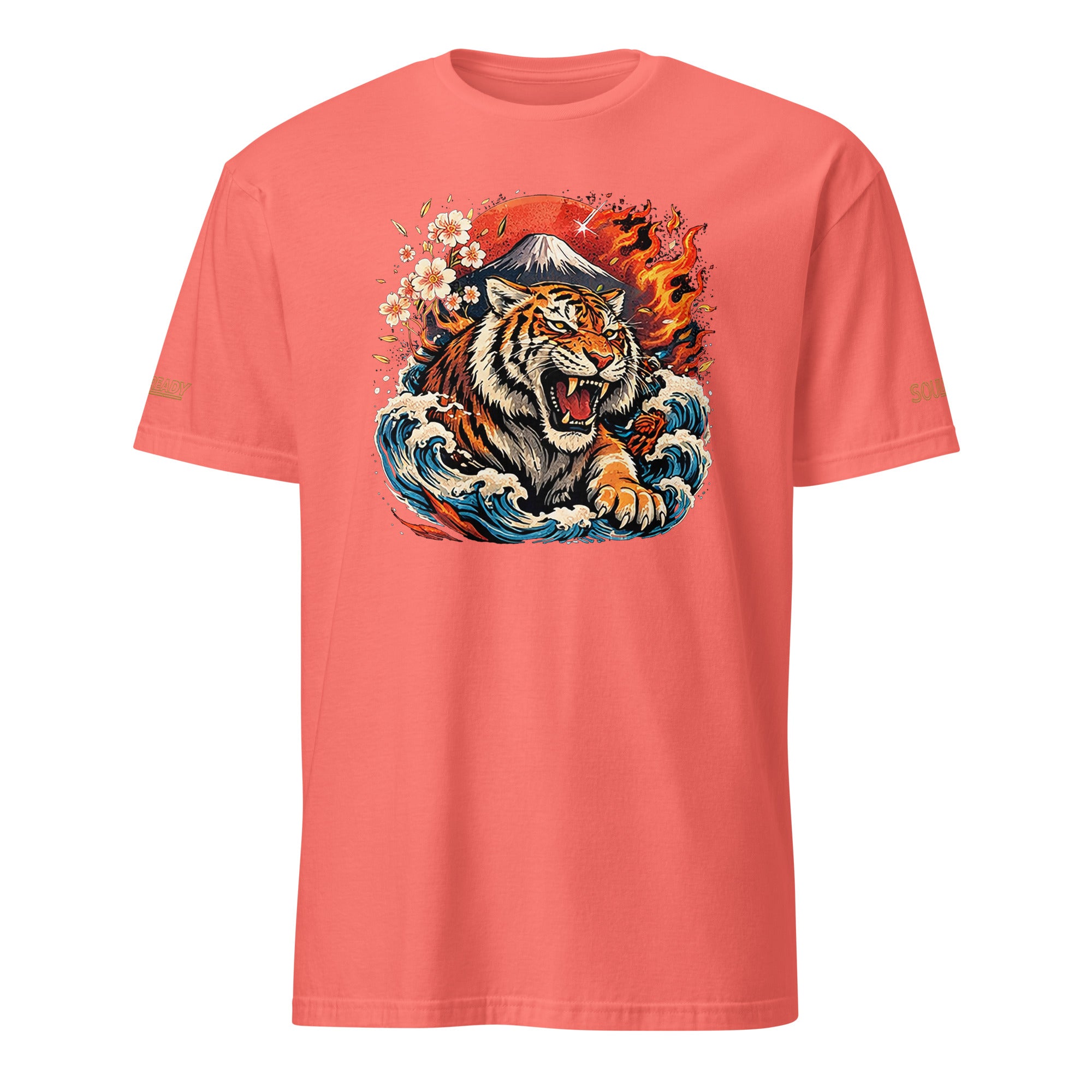 Coral unisex t-shirt with graphic of roaring tiger, ocean waves, cherry blossoms, and mountain.