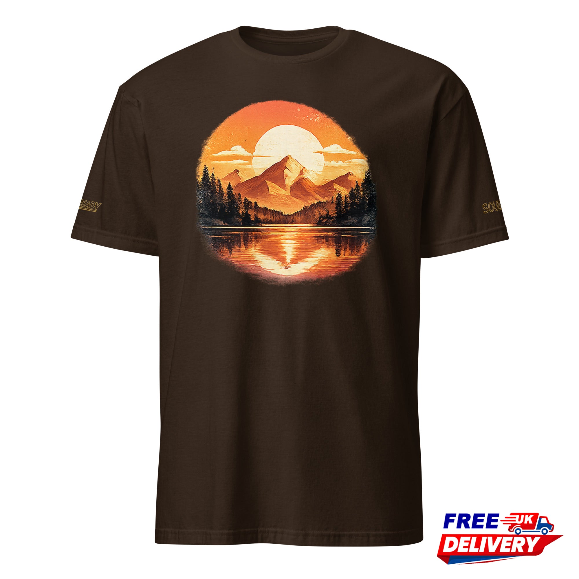 Dark brown unisex t-shirt with orange mountain sunset and forest graphic on front