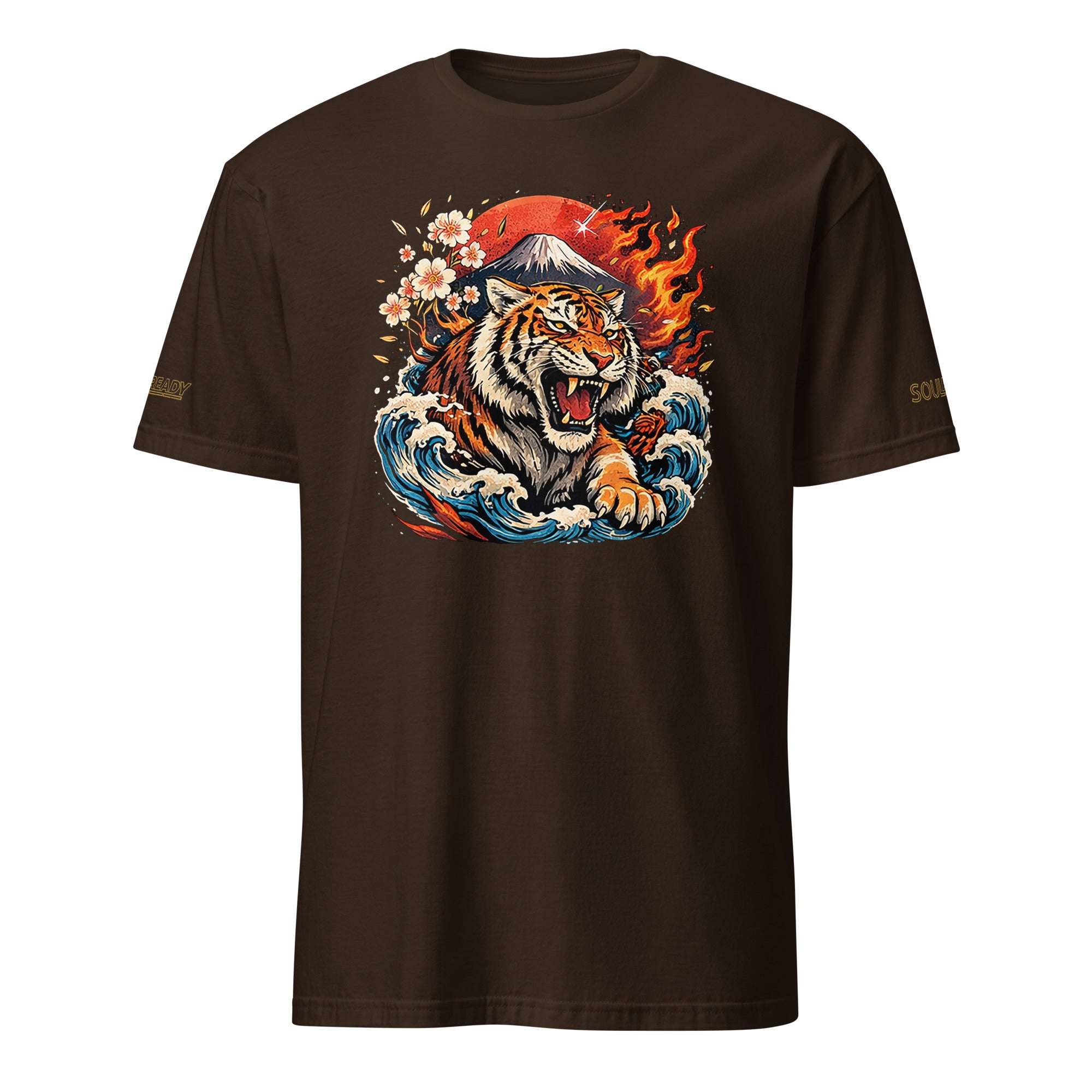 Dark chocolate unisex t-shirt featuring a roaring tiger, waves, cherry blossoms, and Mount Fuji graphic.