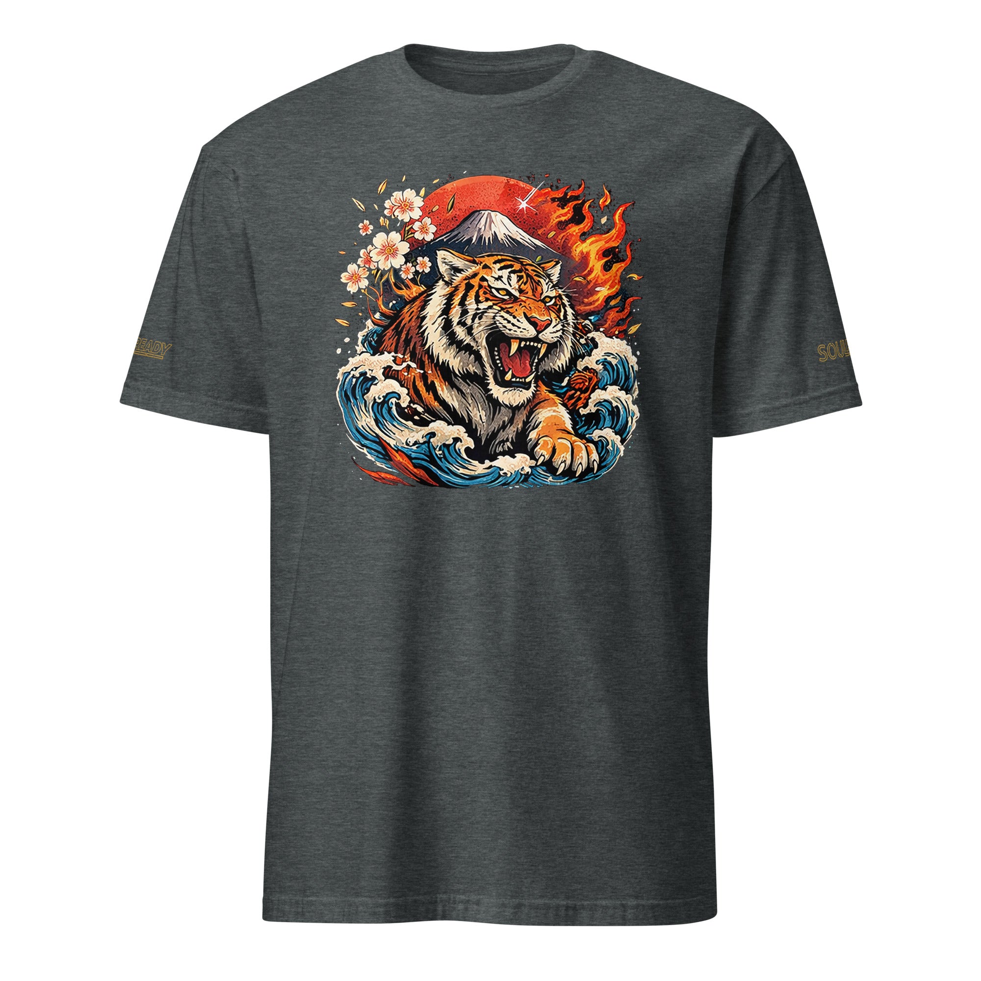 Dark heather unisex t-shirt featuring a fierce tiger, flames, waves, cherry blossoms, and a mountain.