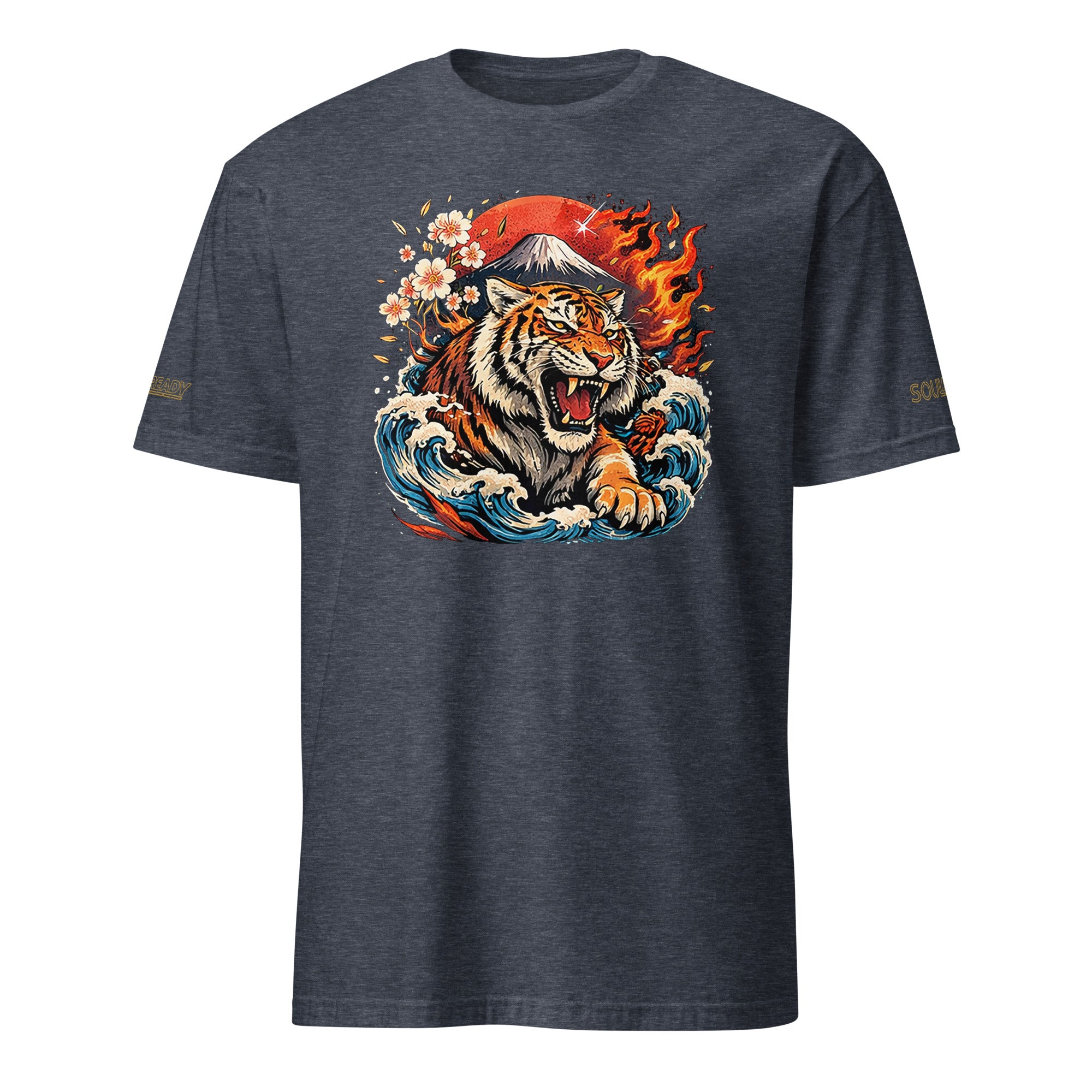 Heather navy unisex t-shirt with roaring tiger, waves, flames, cherry blossoms, and mountain graphic