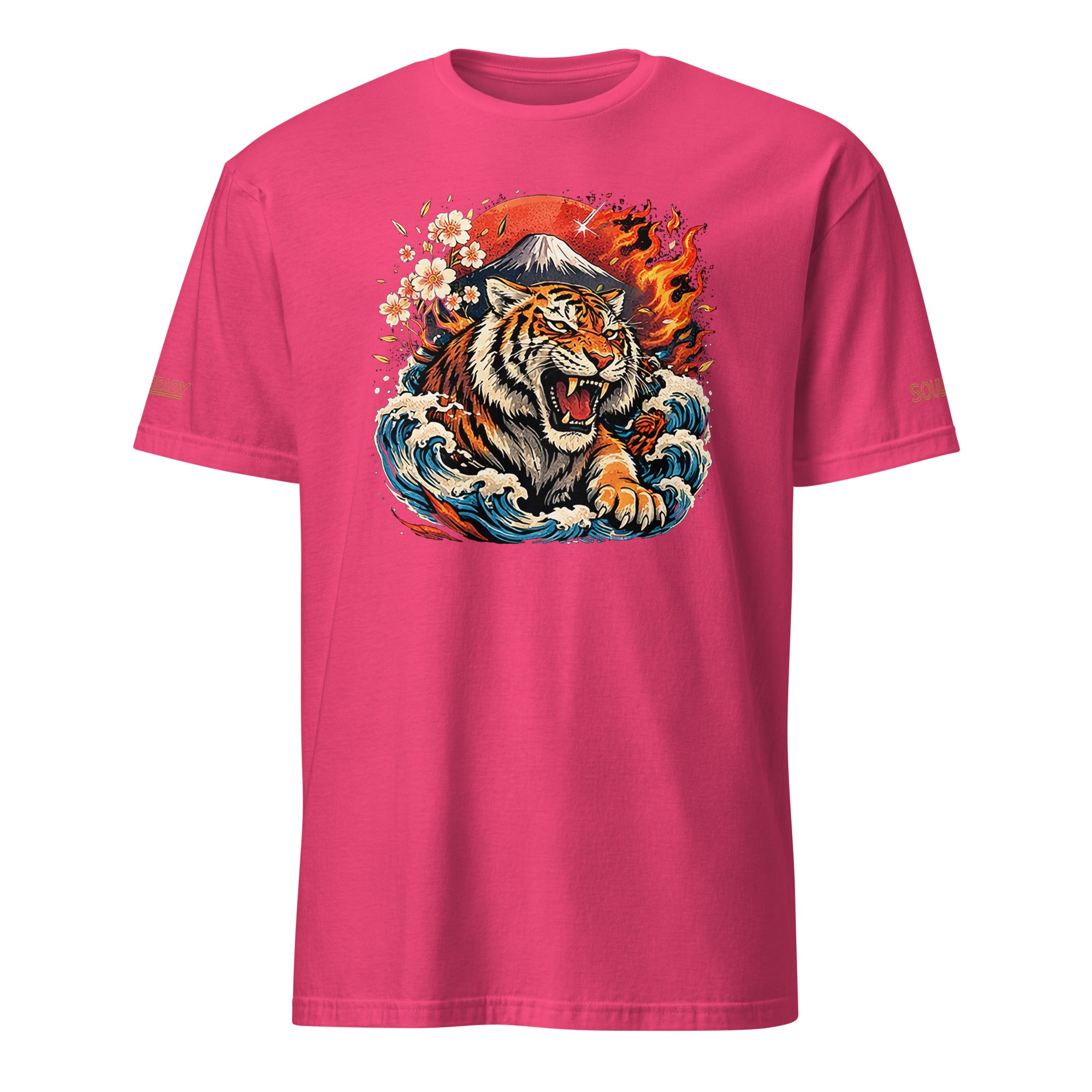 Pink unisex t-shirt with fierce tiger graphic, waves, flames, and mountain illustration
