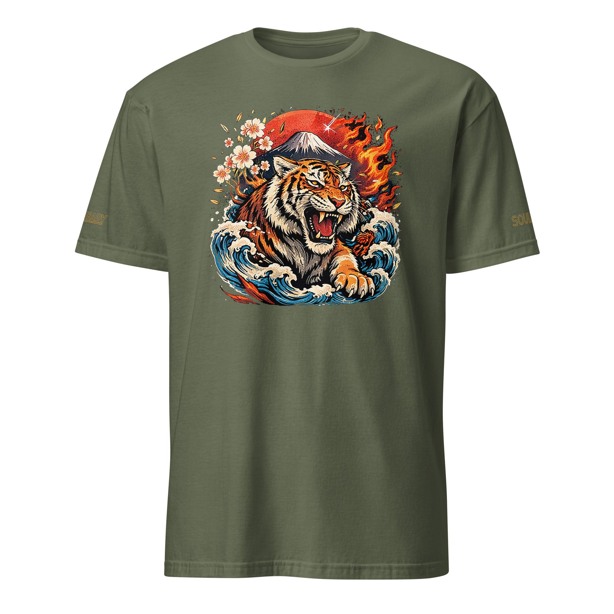 Military green unisex t-shirt with roaring tiger, waves, cherry blossoms, mountain, and fire graphic