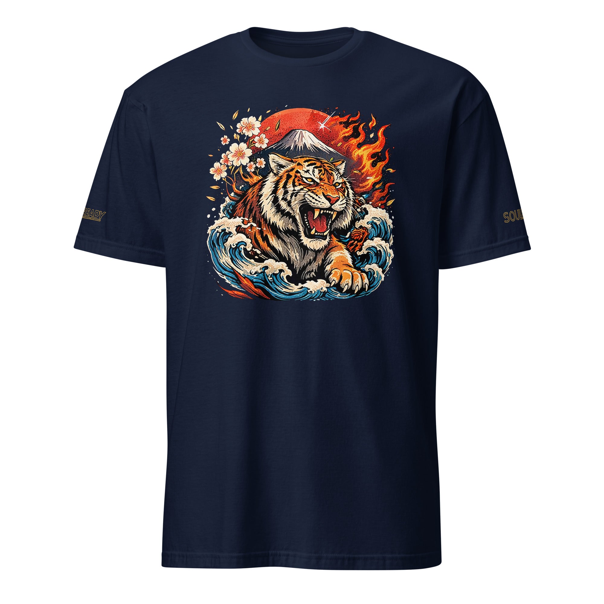Navy unisex t-shirt with roaring tiger, mountain, cherry blossoms, waves, and flames graphic.