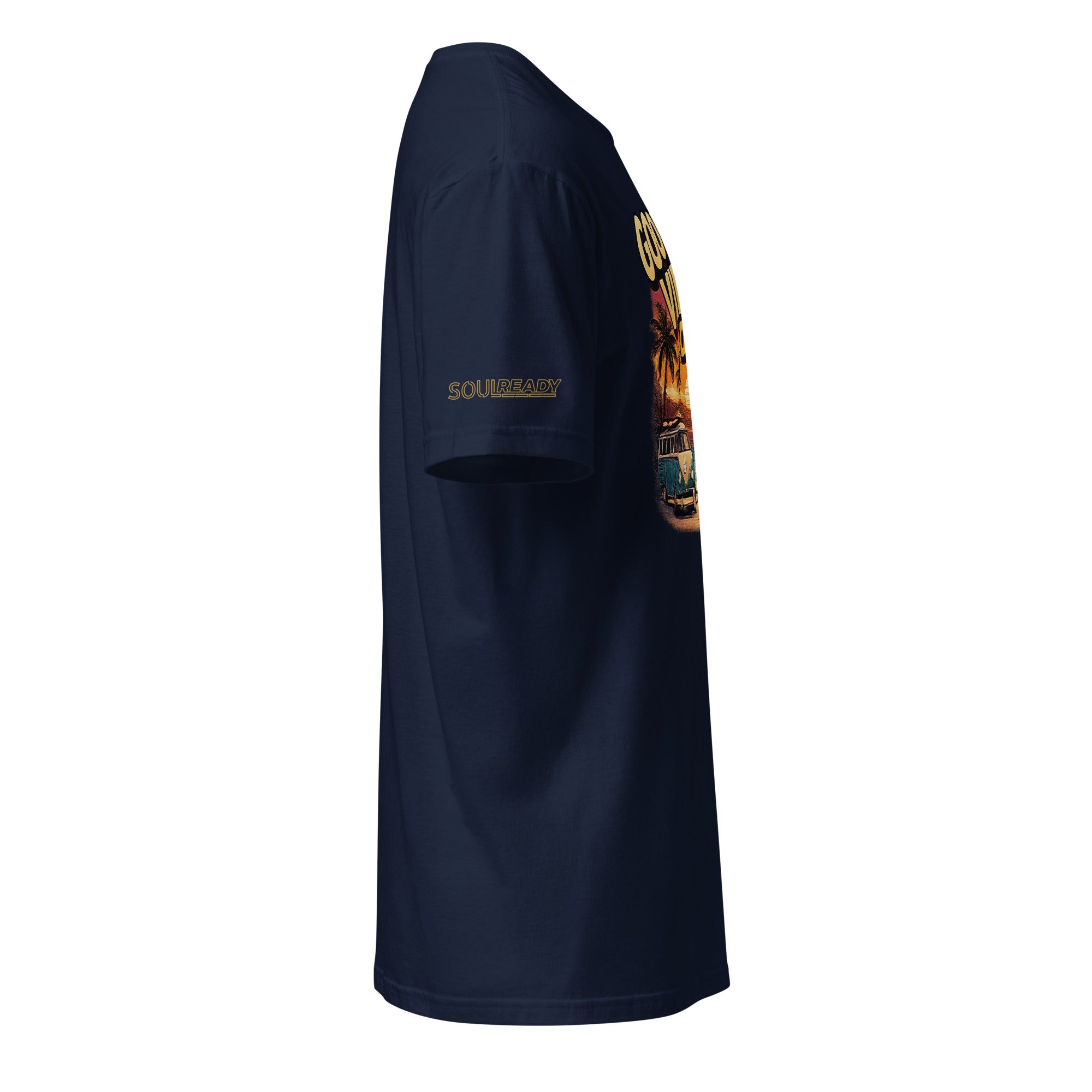 Navy unisex t-shirt side view with tropical sunset and car graphic, short sleeves