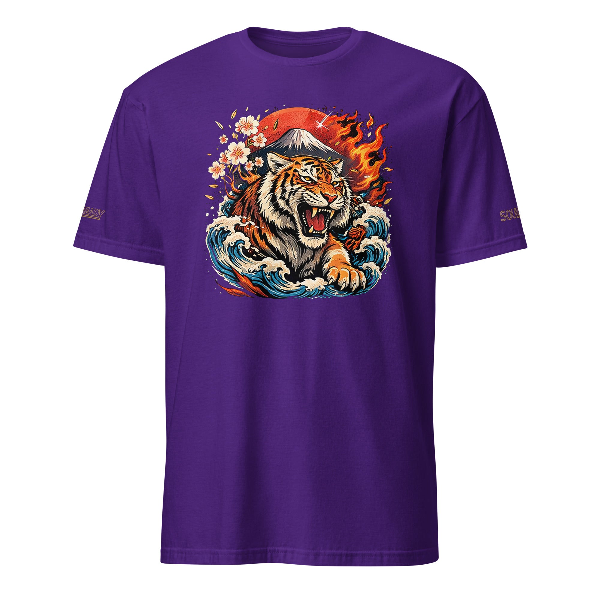 Purple unisex t-shirt featuring a roaring tiger with waves, fire, flowers, and a mountain graphic