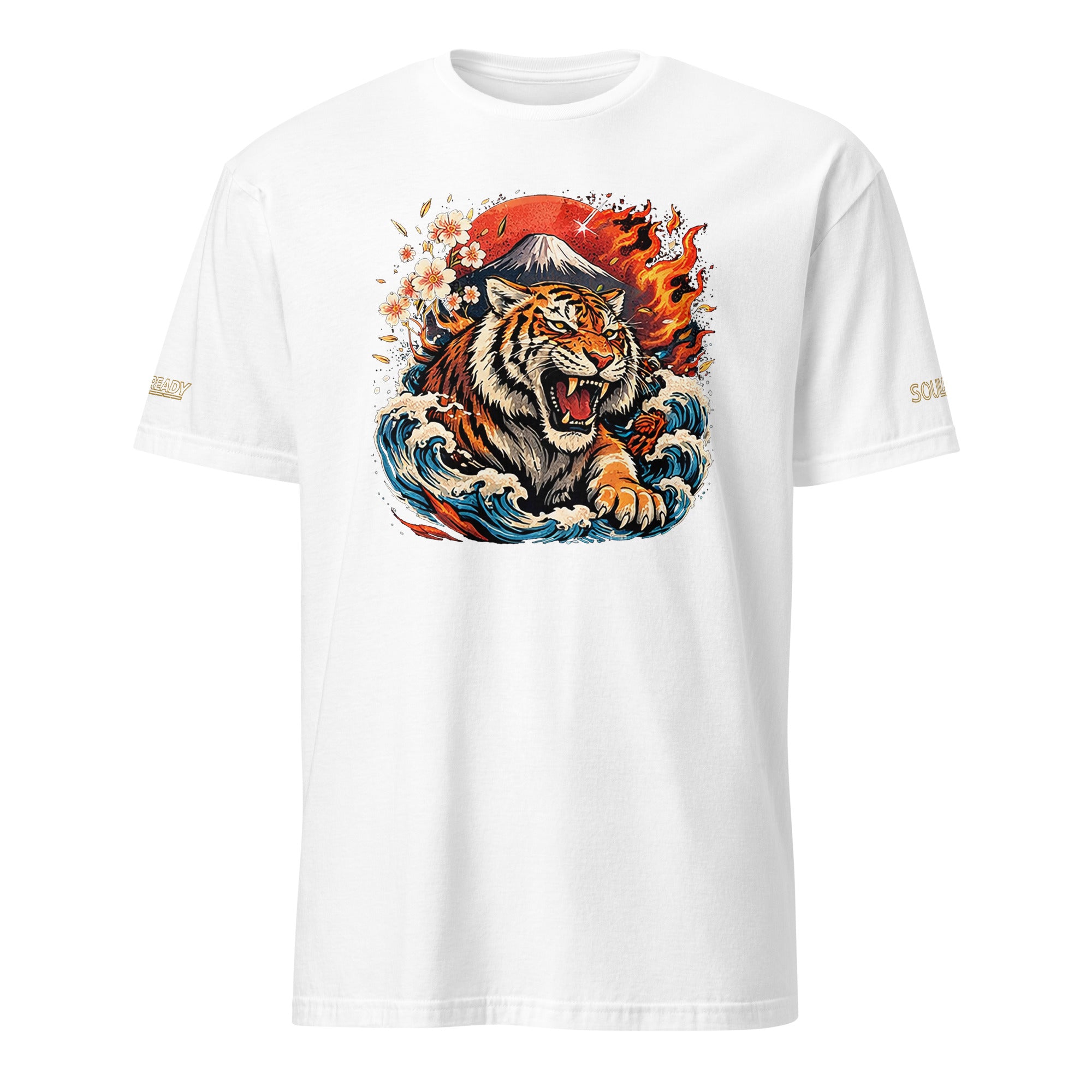 White unisex t-shirt with fierce tiger, waves, Mt. Fuji, and cherry blossoms graphic on front