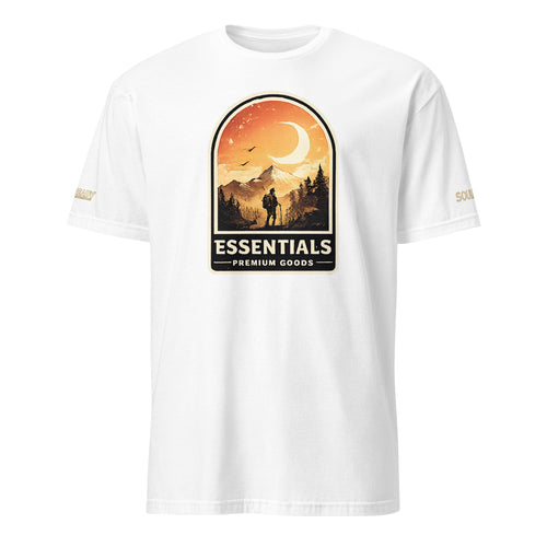 White unisex t-shirt with outdoors graphic, crescent moon, hiker, and 'Essentials Premium Goods' text