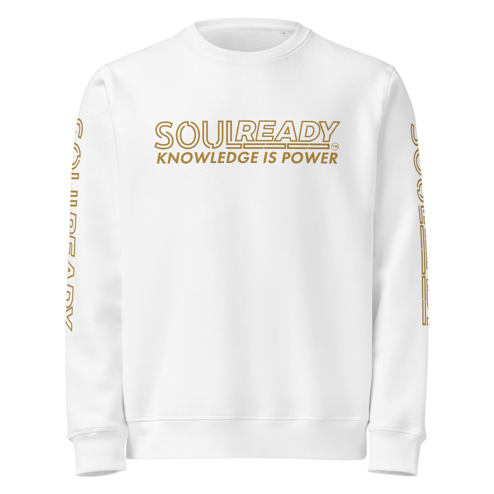 White unisex organic sweatshirt with 'Knowledge Is Power' gold print and text on sleeves