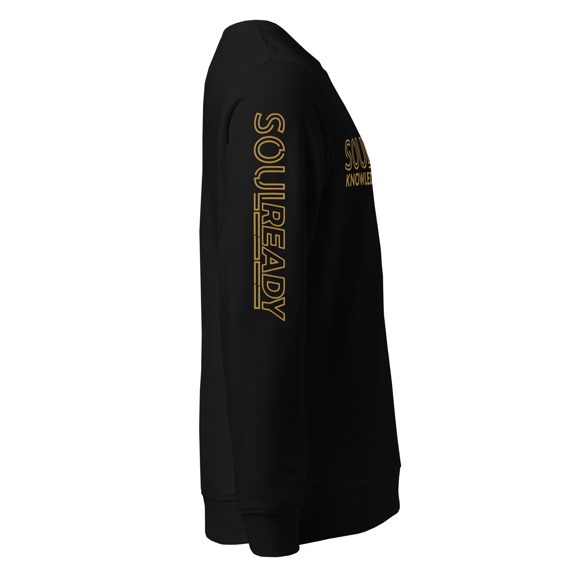 Unisex black organic sweatshirt with gold SoulReady text on sleeve and chest, right side view