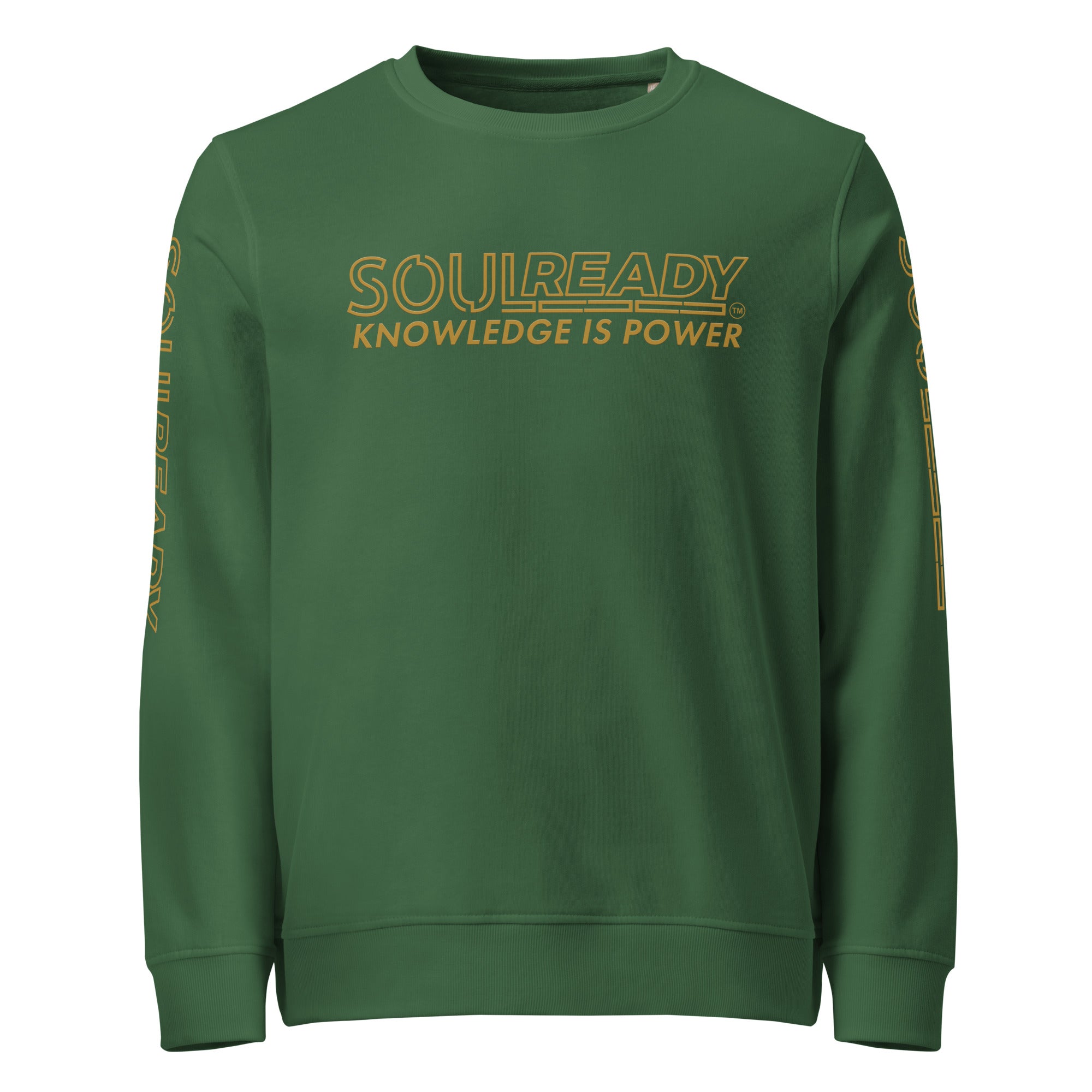 Unisex organic bottle green sweatshirt with gold Knowledge Is Power text on front and sleeves