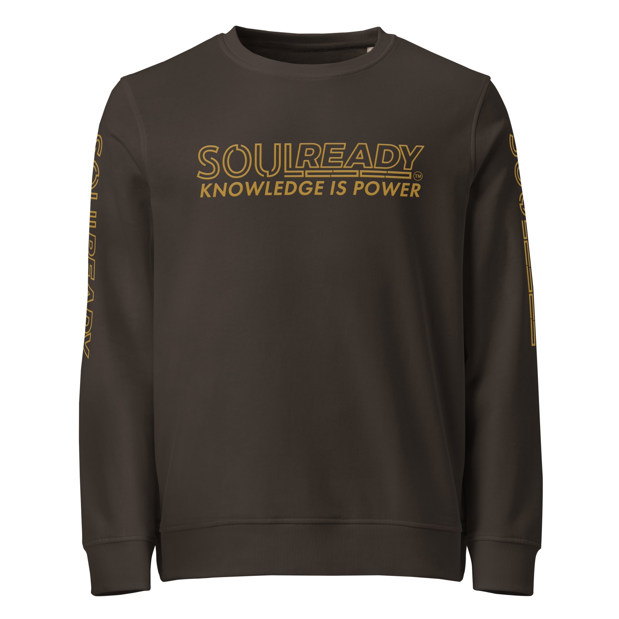 Unisex organic deep charcoal grey sweatshirt with 'Knowledge Is Power' gold text