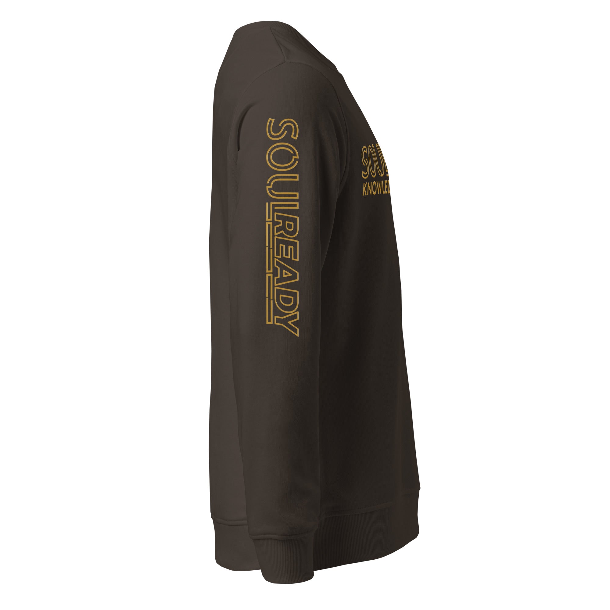 Unisex organic deep charcoal grey sweatshirt with bold yellow text on sleeve and chest