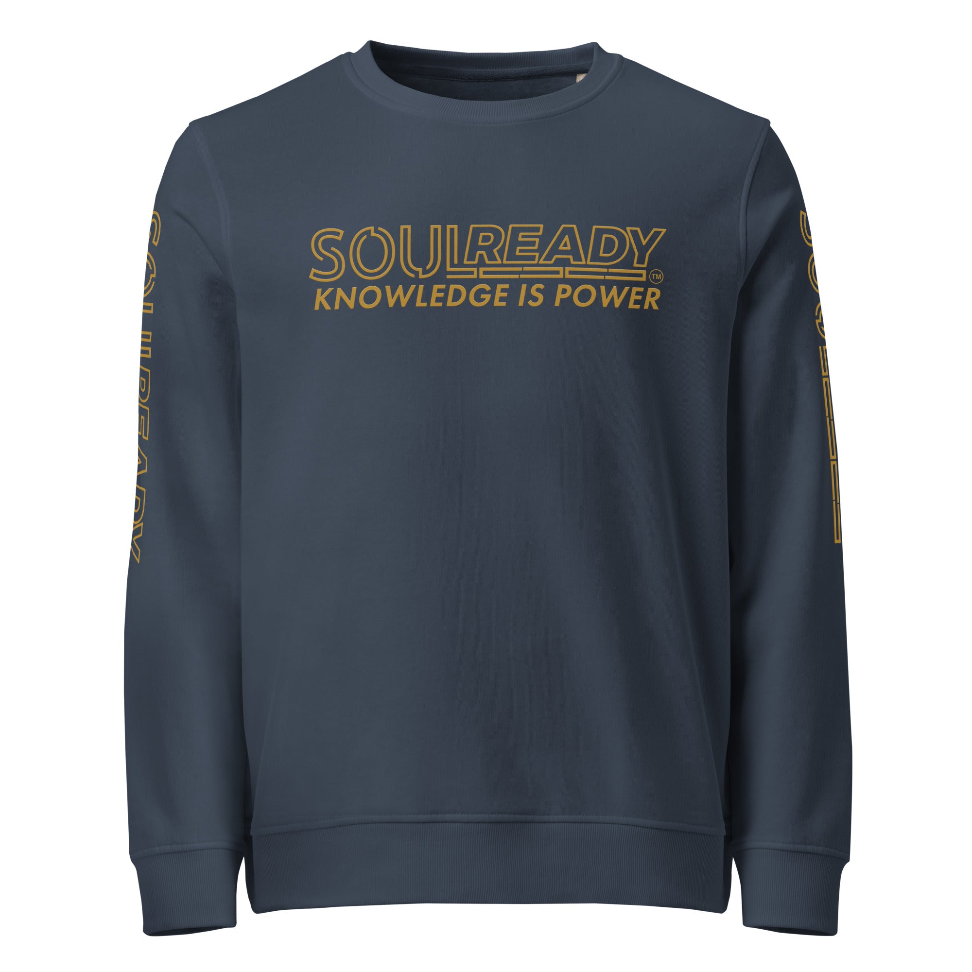 Unisex organic navy sweatshirt with yellow 'Knowledge Is Power' slogan and graphic text