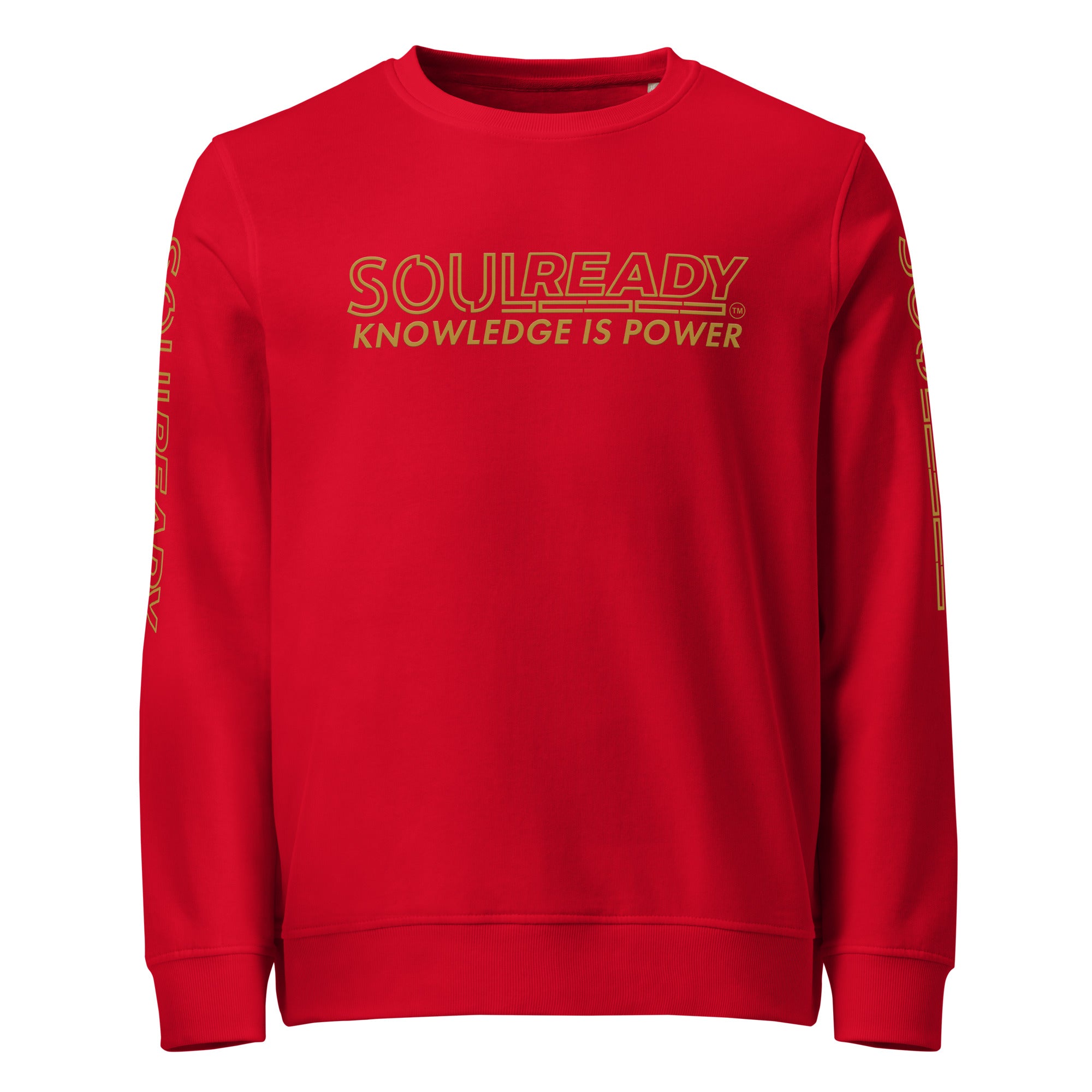 Unisex organic red sweatshirt with gold 'Knowledge is Power' text graphic on front and sleeves
