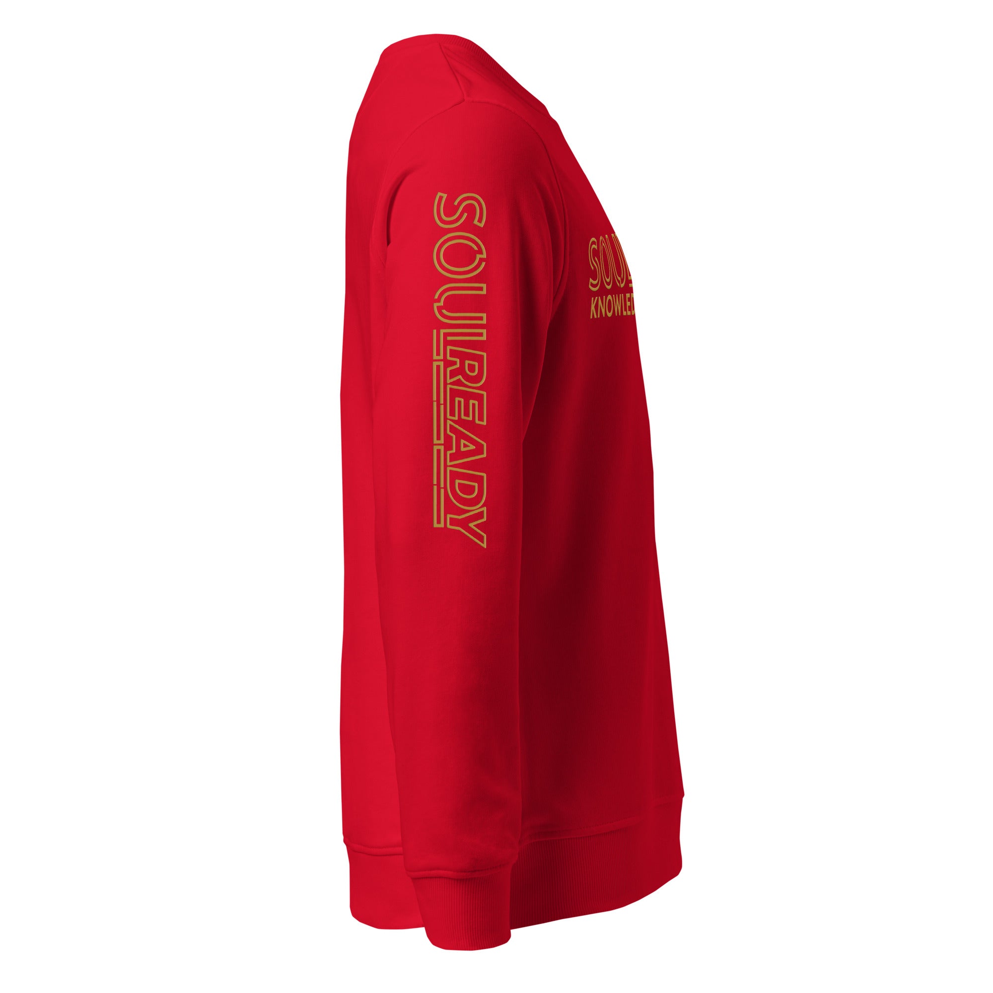Unisex organic red sweatshirt with gold SoulReady text on sleeve and chest, side view