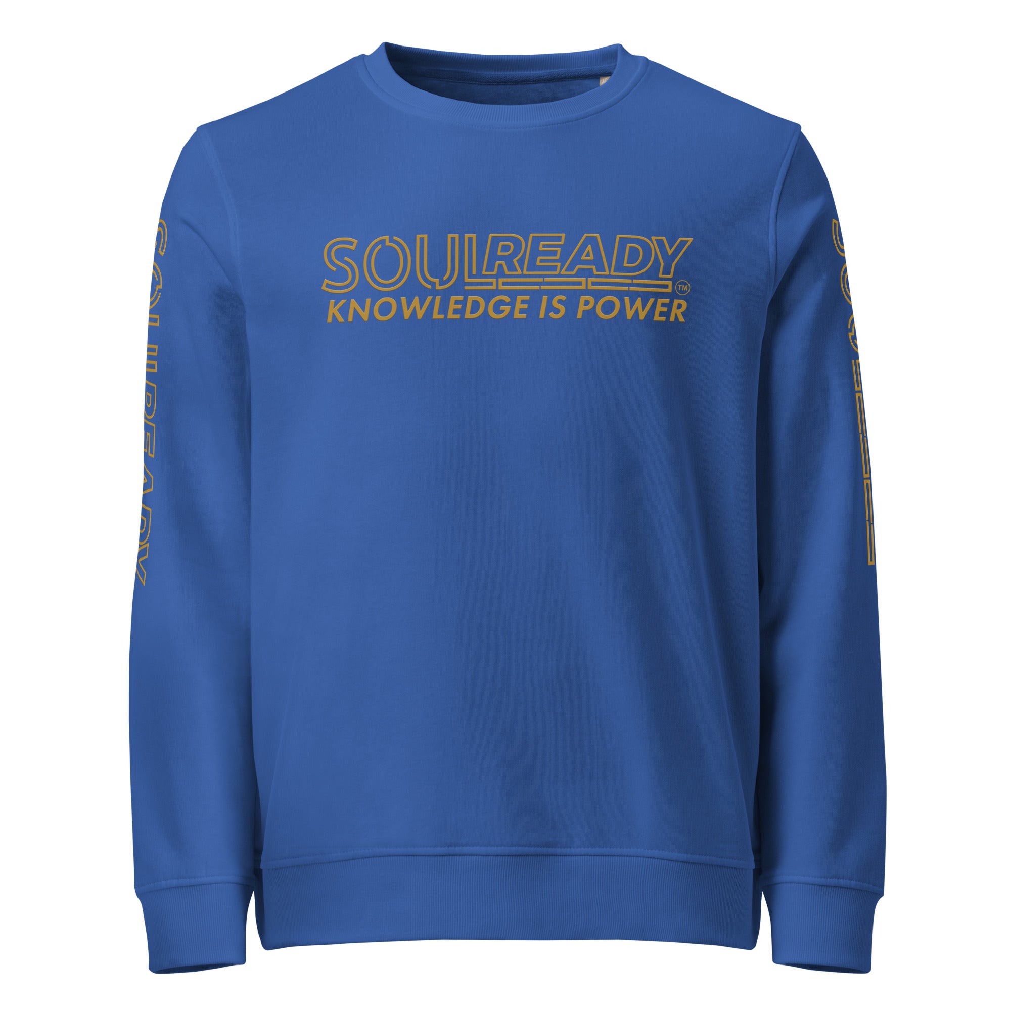 Royal blue unisex organic sweatshirt with yellow 'Knowledge Is Power' text and sleeve print